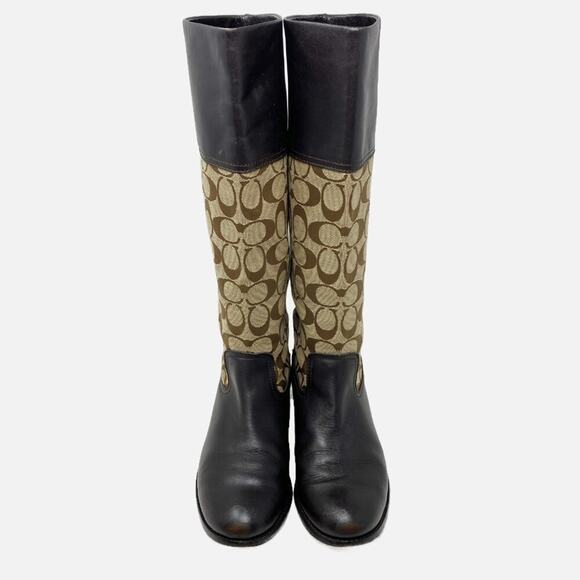 Coach Brown/Tan Chrissi Leather & Logo Print Riding Boots Women's Sz 7.5 Pull On - Picture 2 of 10